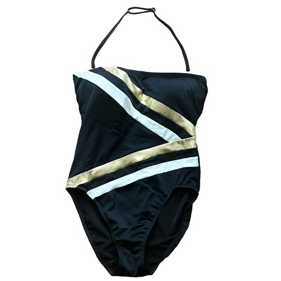 Shape FX SWIM Black/Gold Halter One Piece High Cut Bathing Suit Women Sz 10 NWOT - Picture 1 of 8